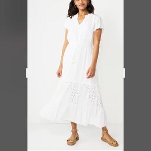 XXL or 2x tiered maxi dress white tassle embroidered floral crepe NWT cap sleeve